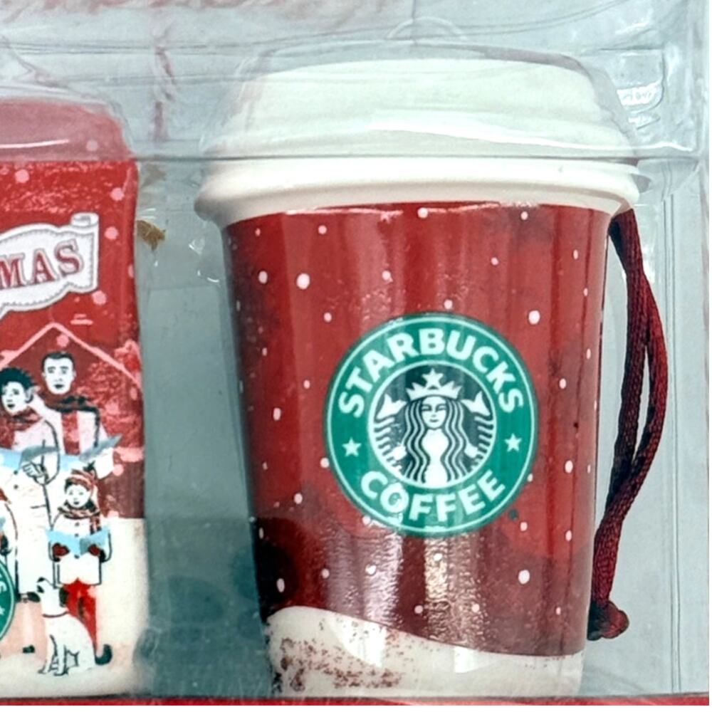 Starbucks 2007 Christmas Blend Coffee Ornament Set Of 2 Red Coffee Cup Boxed - Picture 3 of 4